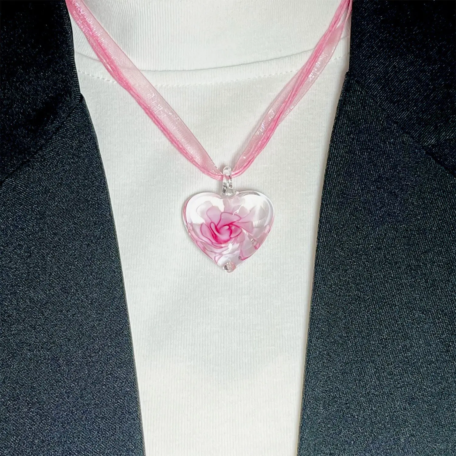 Kitykiss Women's Glass Flower Earrings Inlaid with Spiral Flower Heart Pendant Ribbon Necklace