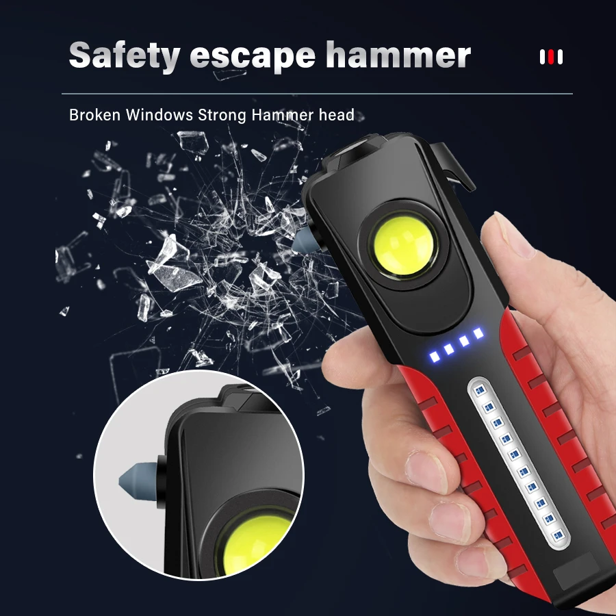 New Multifunctional Super Bright LED Flashlight Side Light COB Built-in Battery USB Charging With Magnet Torch Safety Hammer