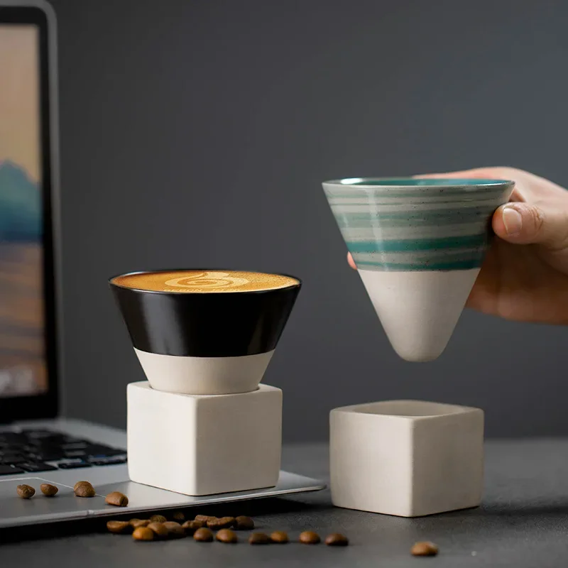 1pc Retro Japanese Triangular Cone Shape Pottery Tea Coffee Cup Pull Ceramic Mug Rough Latte Porcelain Cup For Home Office