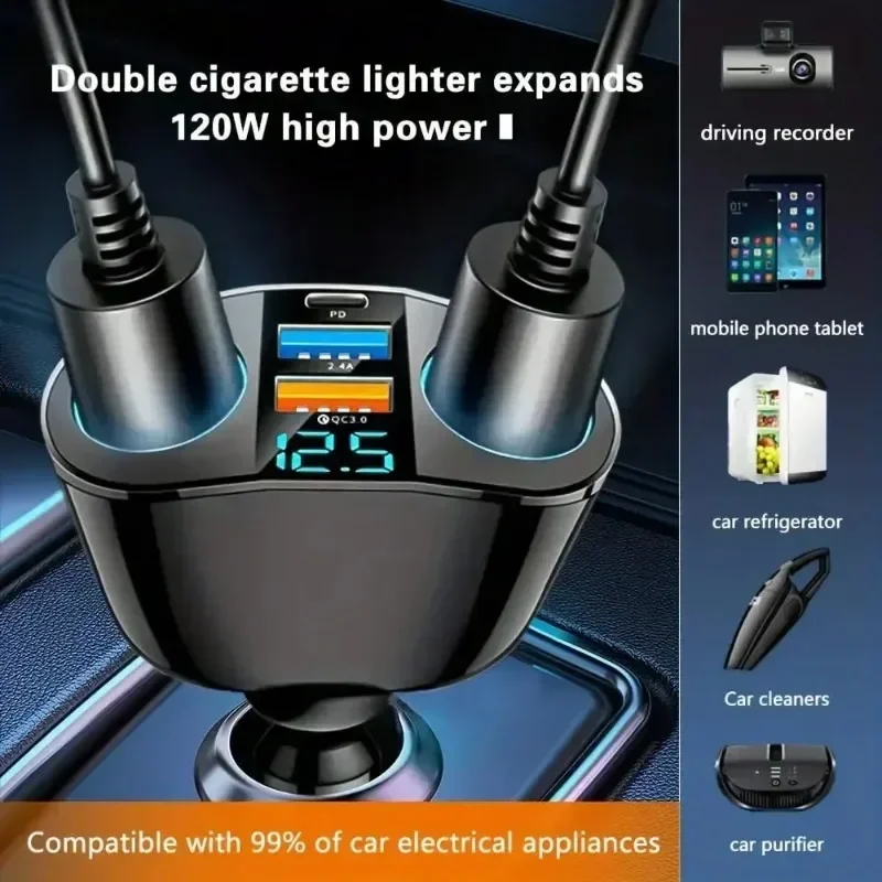 Ładowarka samochodowa Dual USB 120W Super Fast z funkcją 360 °   Porty USB typu C z obrotową konstrukcją do gniazda zapalniczki, akcesoria do wnętrza pojazdu.