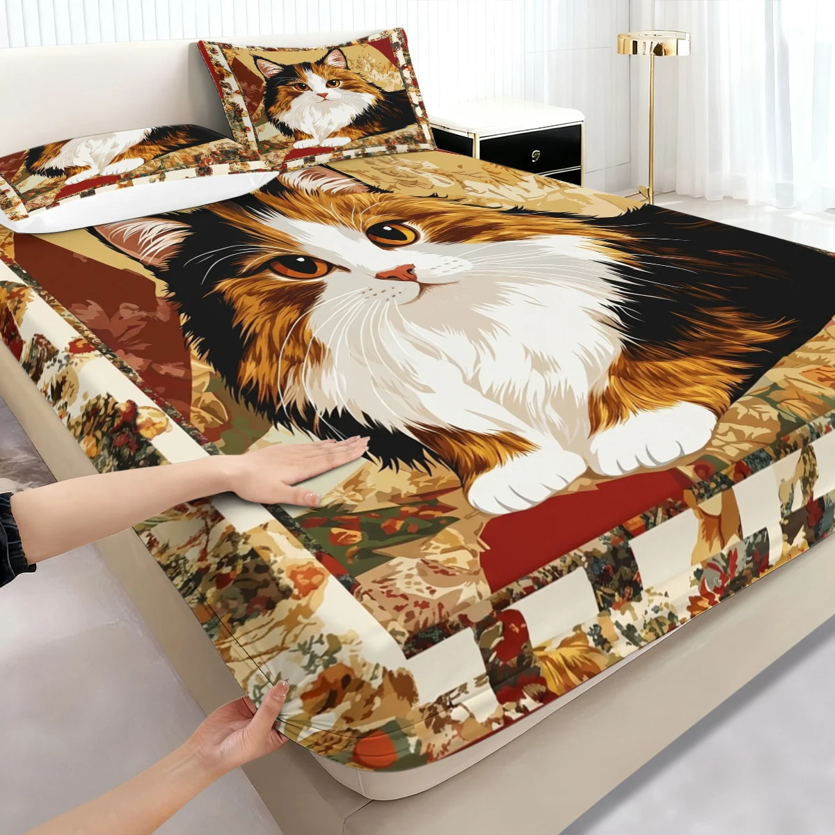 Retro Floral Patchwork Frame Kitten Fitted Sheet 3PCS,Country Style Long Fur Persian Cat Portrait Pattern Elastic Mattress Cover