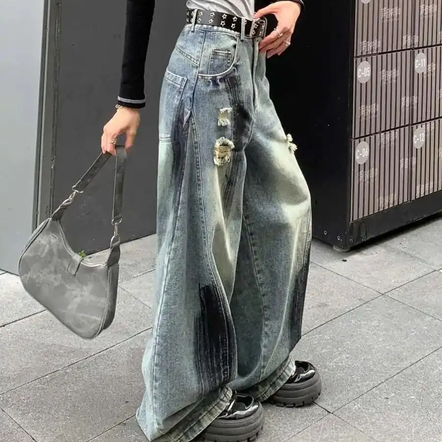 American Street Distressed Hole Straight Straight Spray-Painted Wide-Leg U-Shaped Jeans Women Versatile New  Loose Slimming