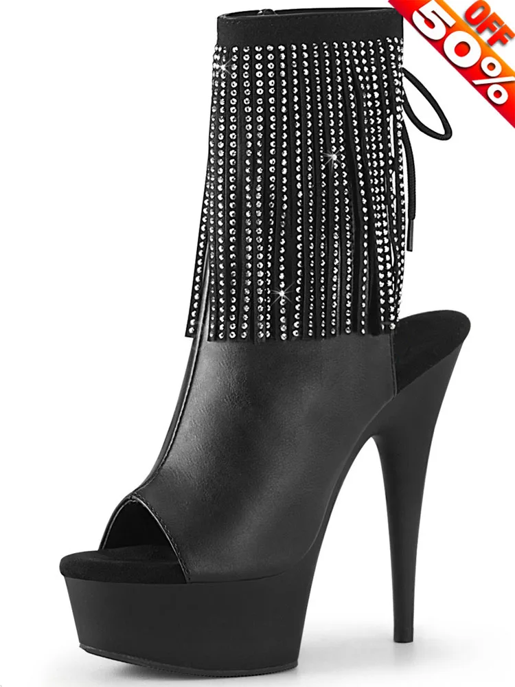 

Strip Pole Dance Peep Toe Sexy Fetish Ankle Boots 6Inch Exotic Models Platform Gothic 15cm Nightclub Coarse Heel Models Fringe