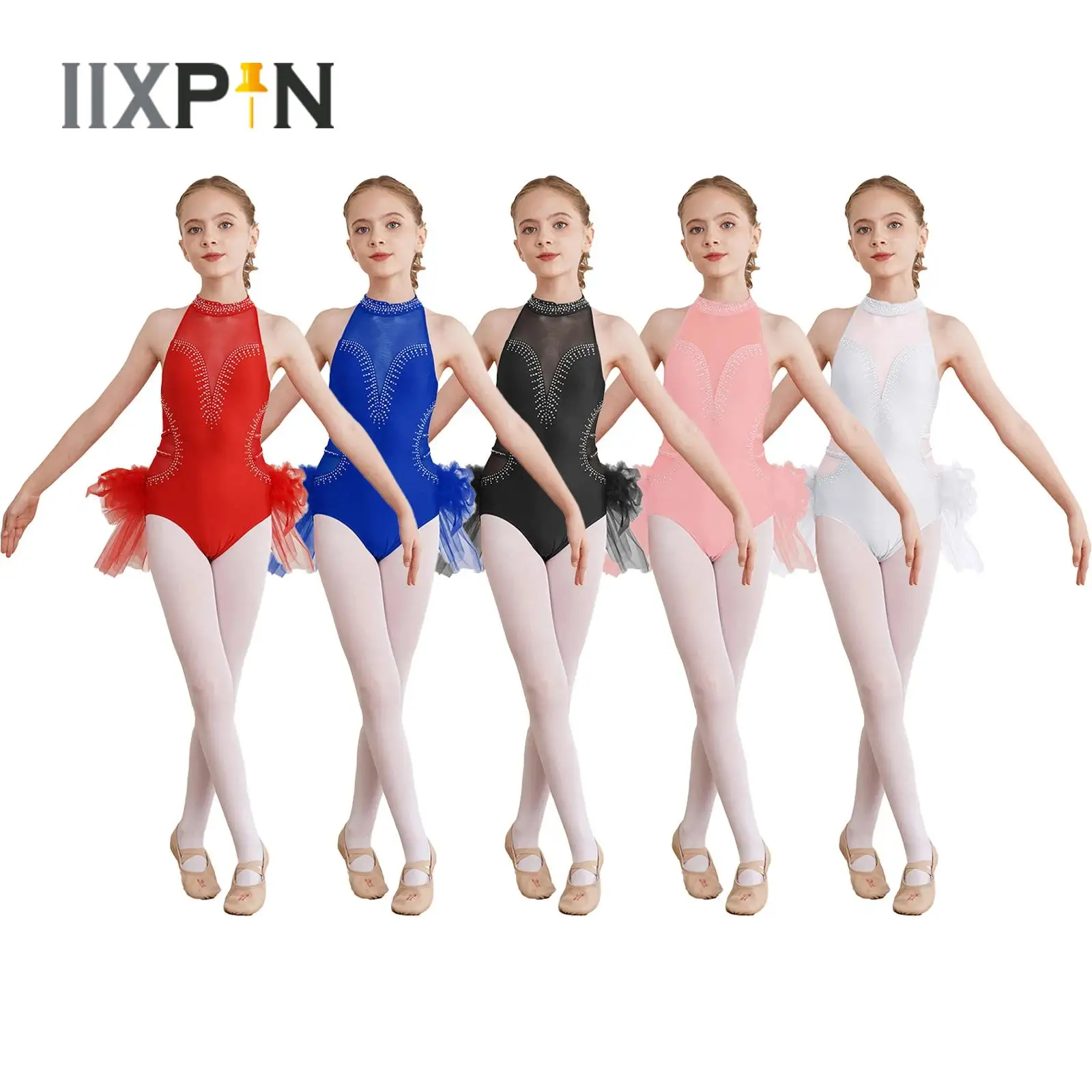 Body per balletto per ragazze per bambini Costume da spettacolo di danza tuta con gonna in Tulle di piume senza maniche con Patchwork in maglia trasparente con strass