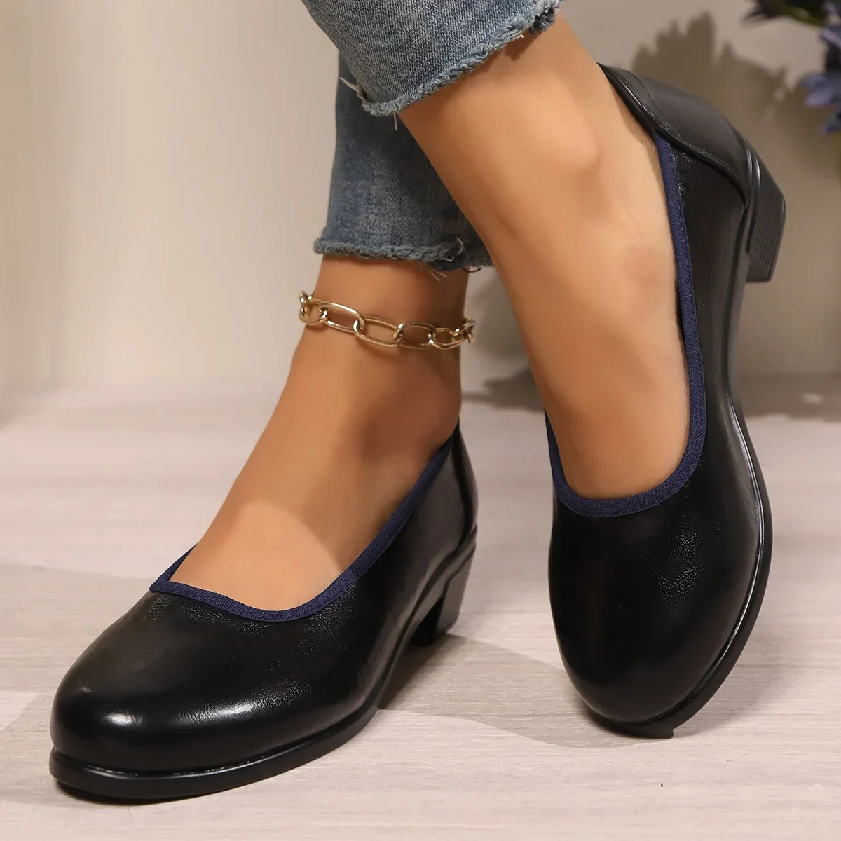 

Повседневные удобные туфли-лодочки на массивном каблуке, женские классические черные туфли без шнуровки для офисной работы, женские модельные туфли больших размеров на мягкой подошве