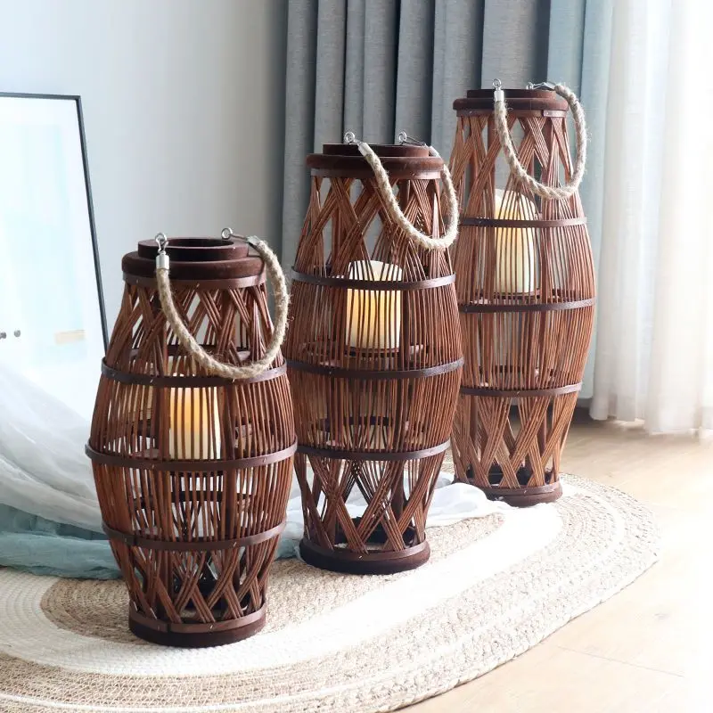 Rattan candlestick wind lamp new Chinese decorative ornament model room hotel hanging floor lantern courtyard
