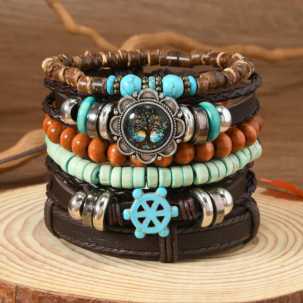 Vintage Feder Casual 6 Teil/satz Baum Handgemachte Männer Armbänder Männliche Frauen Leder Armbänder Männer Armreif Großhandel Schmuck Geschenk – Detail 2