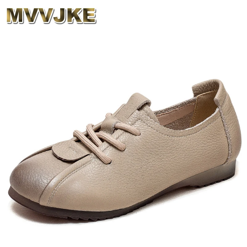 

Comfortable Casual Women Flats Shoes Spring New Genuine Leather Lace-up Soft Sole Round Toe Solid Color Shoes