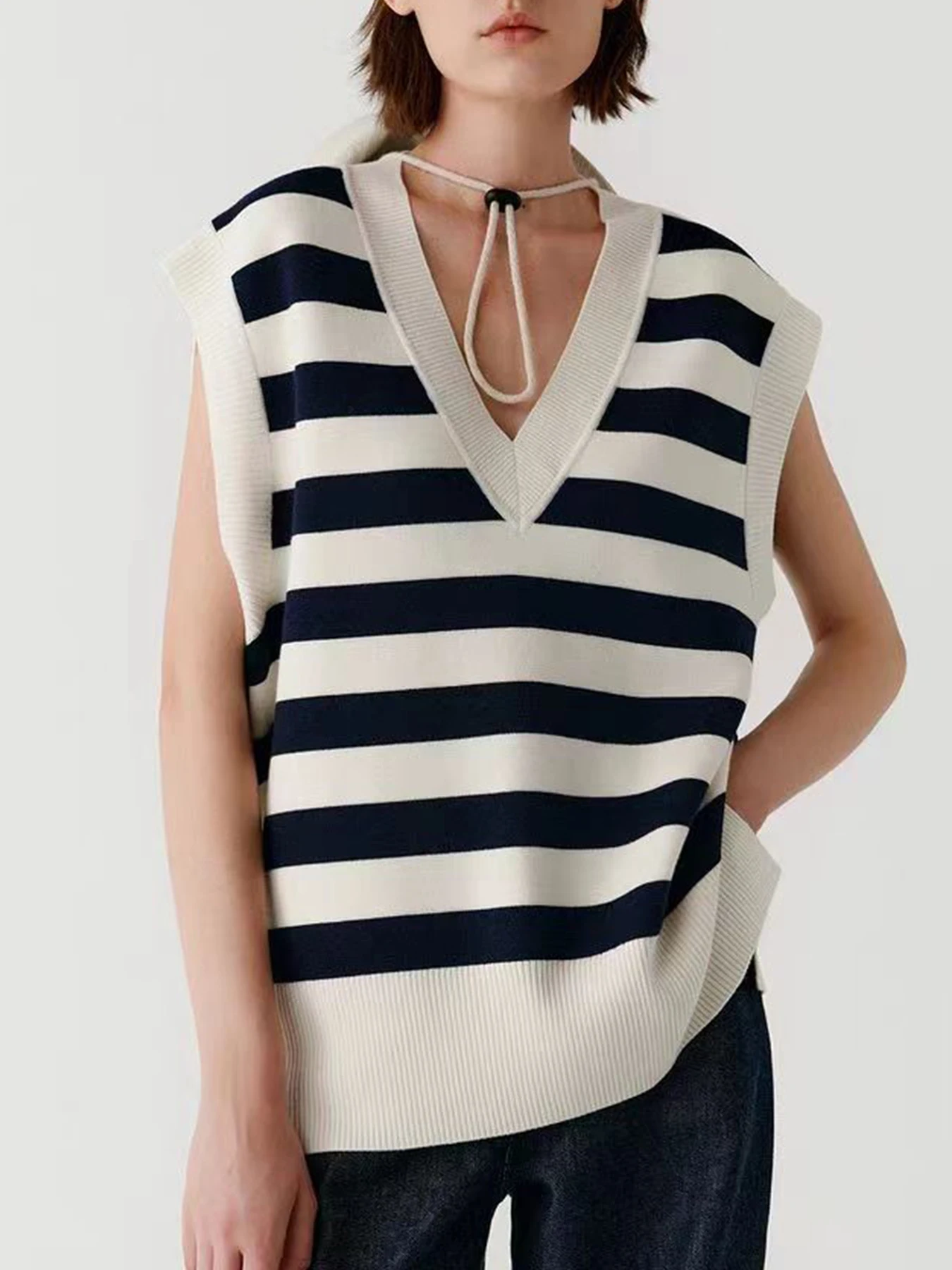 

Women's Clothing - Elegant New Simple Casual Contrast Color V-neck Stripe Versatile Fashion Knitted Vest Women's Basic Top