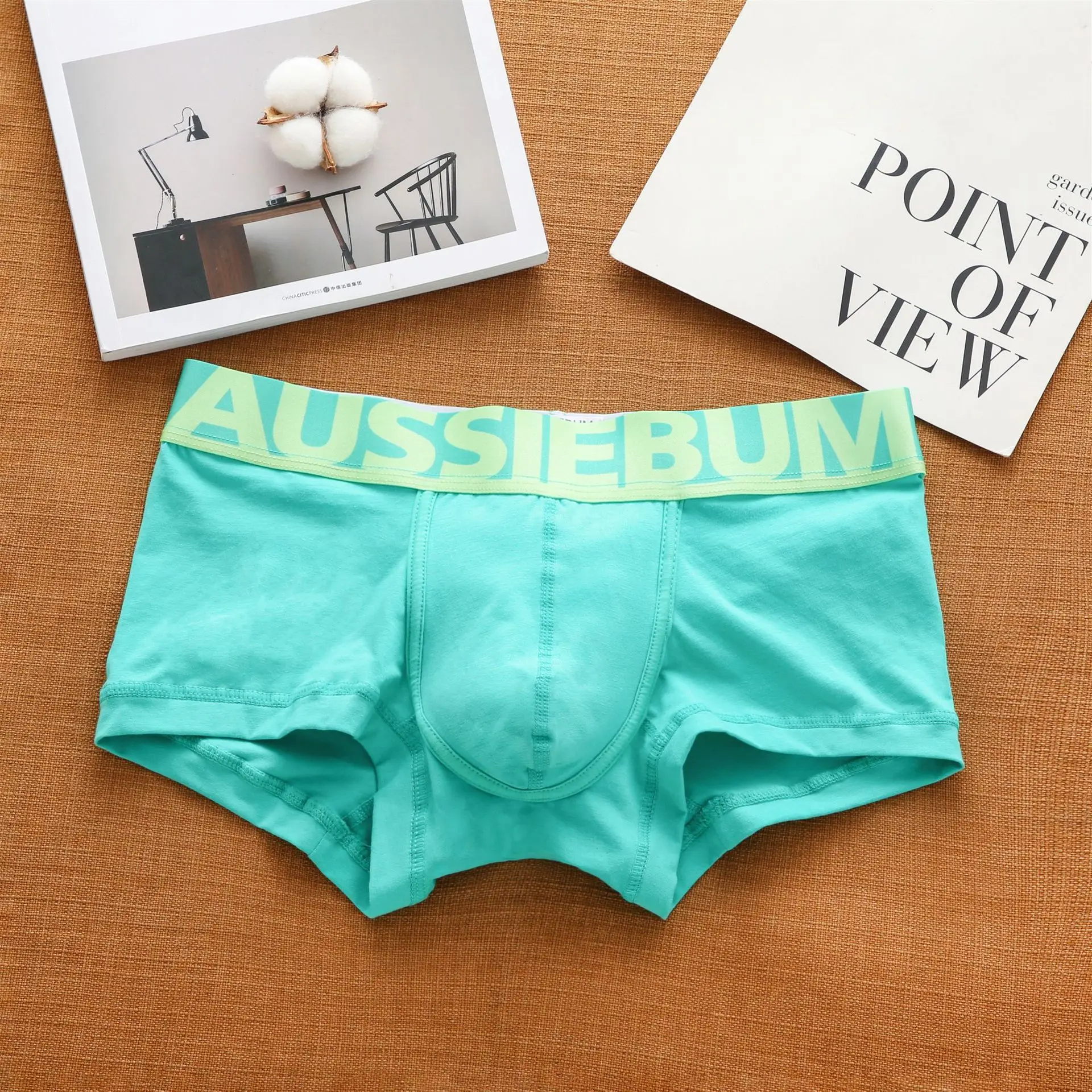 Aussiegum men's pure cotton underwear with low waisted letters for fashionable and comfortable sweat-absorbing boxer shorts