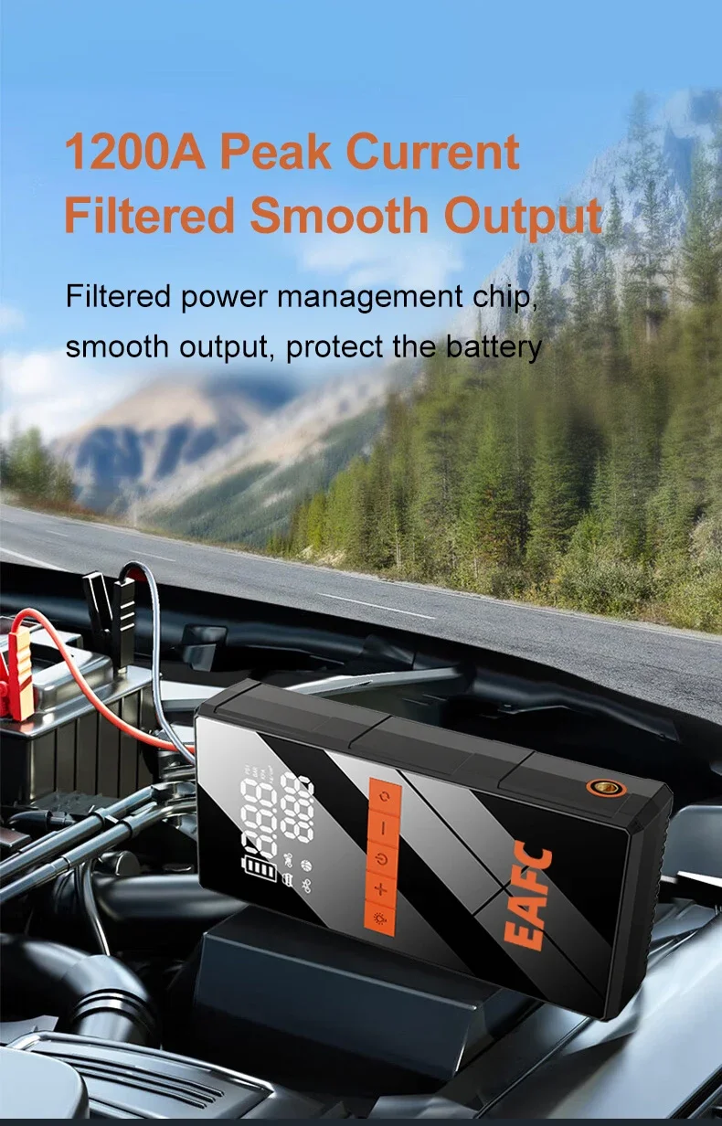 EAFC 4-in-1 Auto-Notfall-Starthilfe 1000A-2000A Spitzenstrom 150PSI Luftpumpe Reifenfüller Powerbank Booster Multifunktionswerkzeug – Detail 2