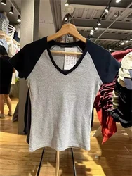 Sweet Women Gray Tops 2024 Fashion Summer Ladies Short Sleeve V-neck T-Shirt Casiual Female Soft Slim Clean Fit Patchwork Shirt