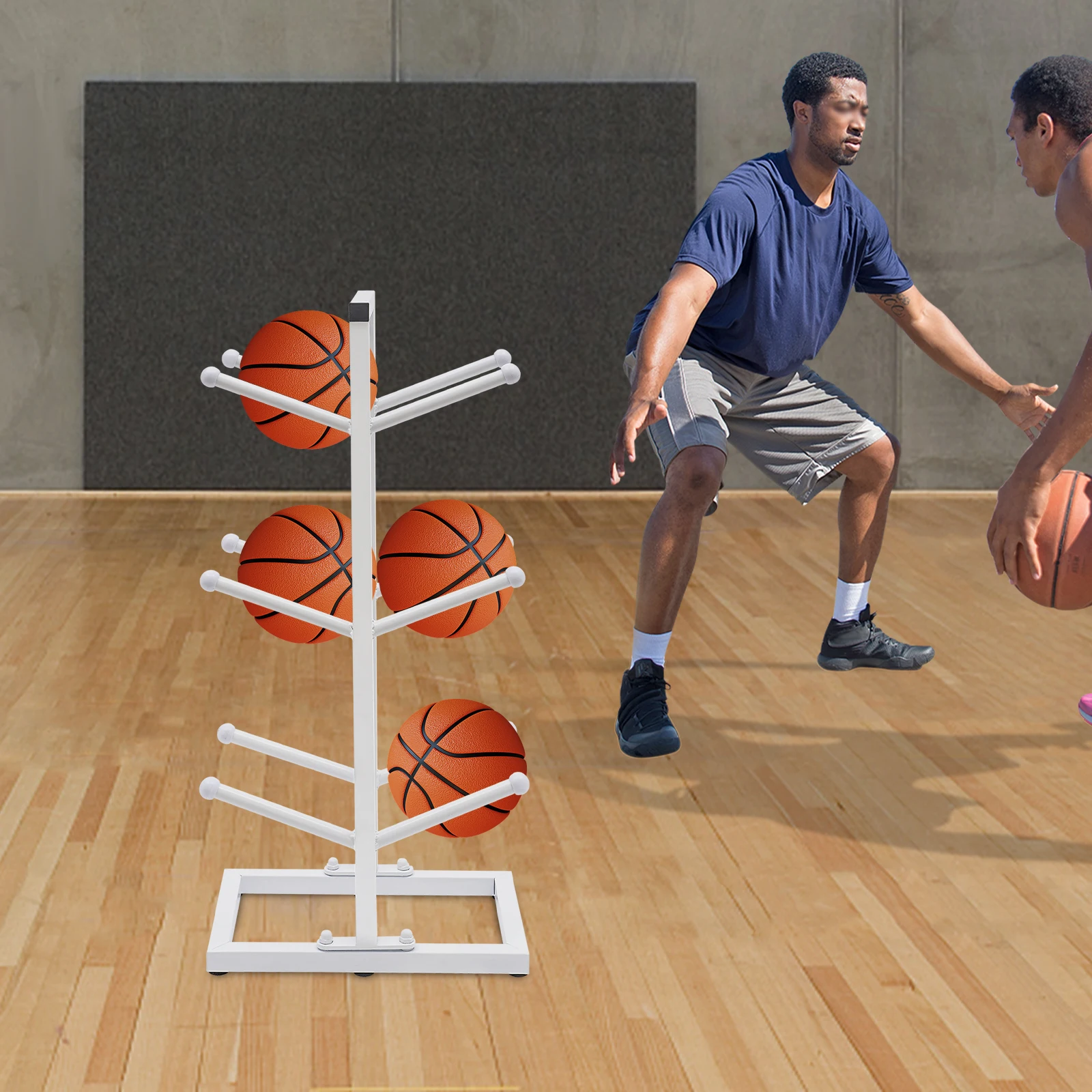 Rack organizador de basquete de 6 bolas, armazenamento de bola de futebol resistente de 3 camadas com base antiderrapante e design de gancho de arco, para casa