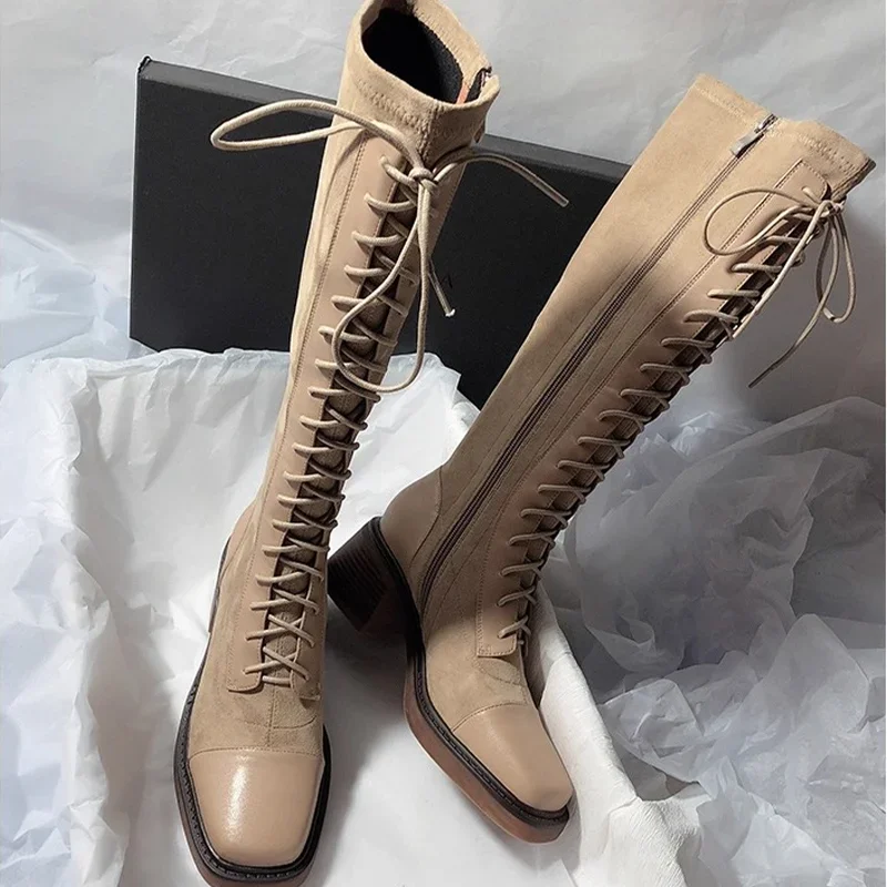 Designer Brand Women's Cross Lace Up Knee High Boots Winter 2026 New Woman Goth Motorcycle Boots Trend Chelsea Mujer Botas - view 4