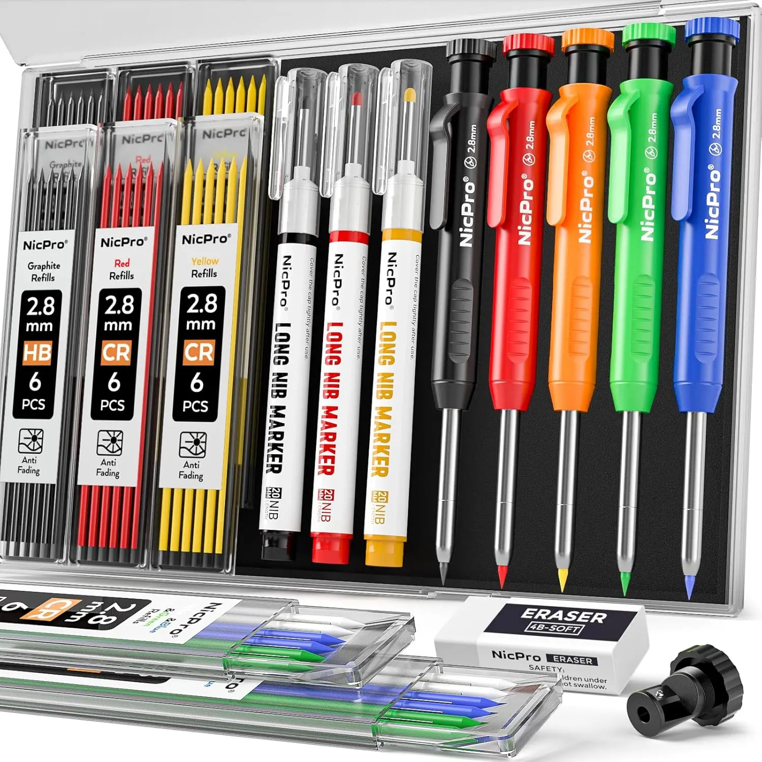 

5-Pack Carpenter Pencils with Sharpener, 53 Refills & Deep Hole Markers for Construction and Woodworking