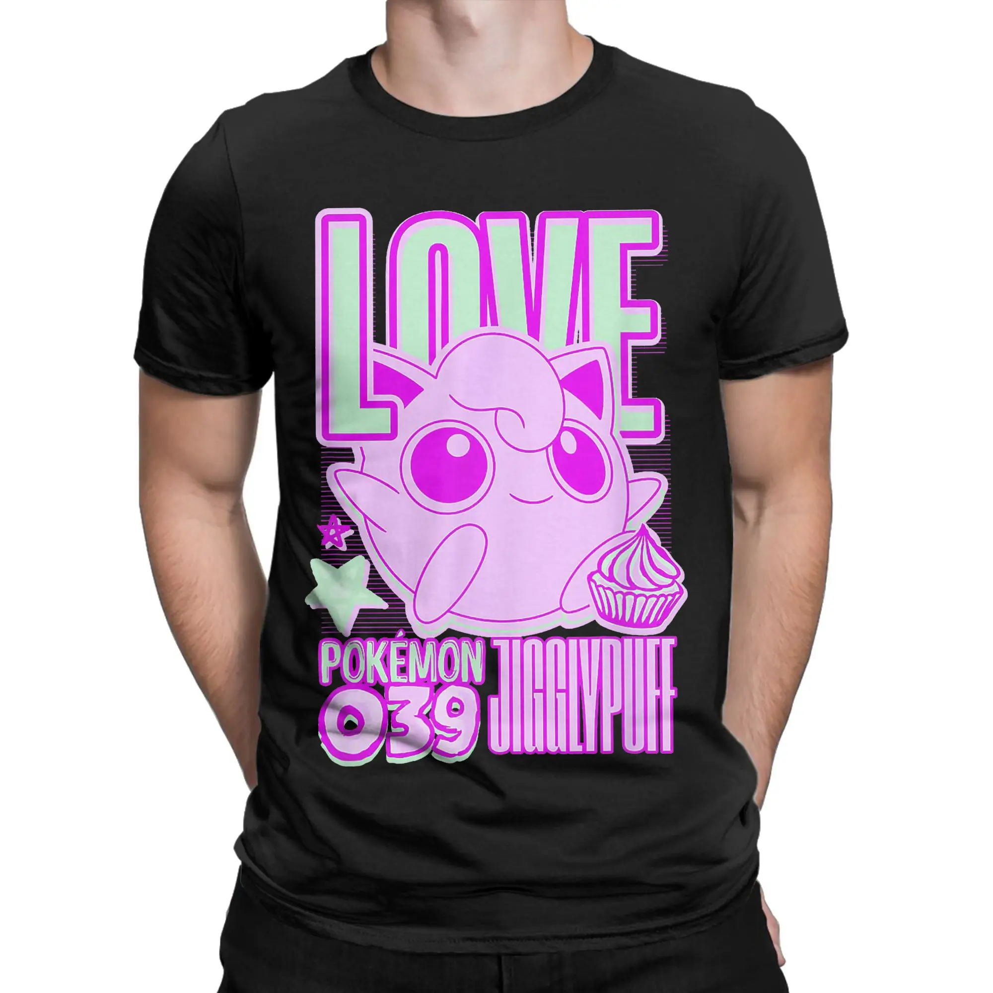 بوكيمون Jigglypuff الحب النيون الوردي جيب الوحش تي شيرت القطن الخالص تي شيرت الياقة المستديرة تي شيرت ملابس قصيرة الأكمام
