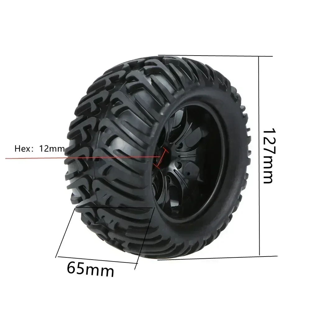 4 szt. gumowych opon 125 mm do monster trucków RC w skali 1/10 z felgami, mocowanie 12 mm Hex z nylonowymi nakrętkami zabezpieczającymi 4 mm do Trxs Himoto HSP HPI Redcat