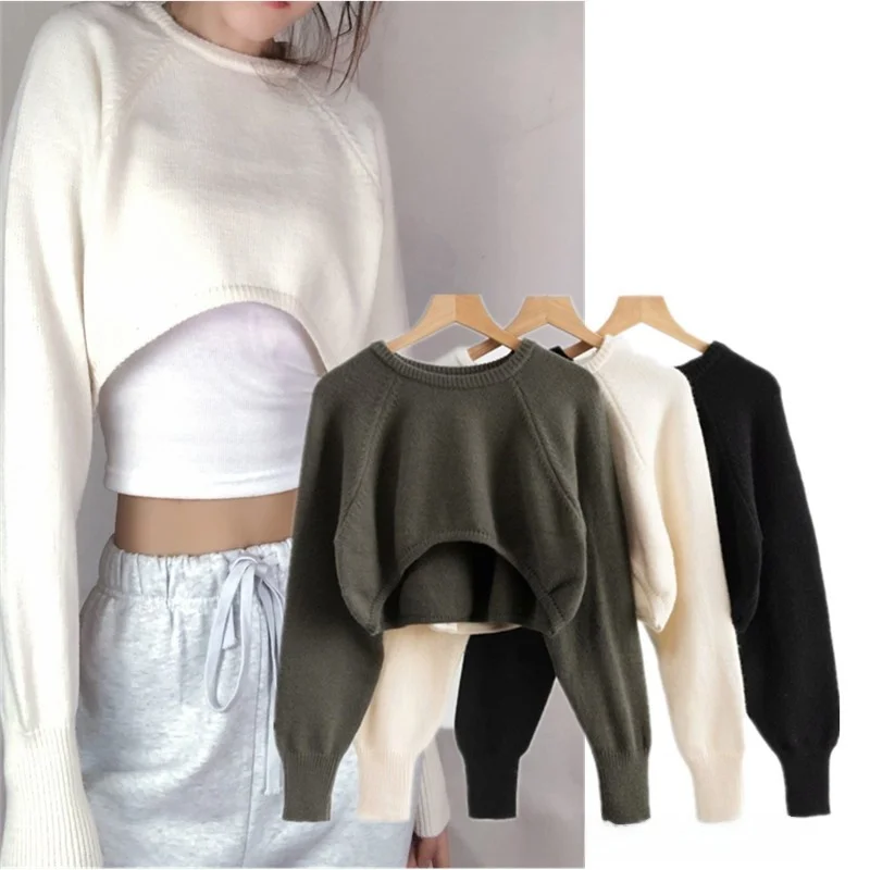

Retro Knitted oulder Wrap ort f-Length Long-Sve Sweater Street Sle round Ne Women's Faion Winter Casual Top