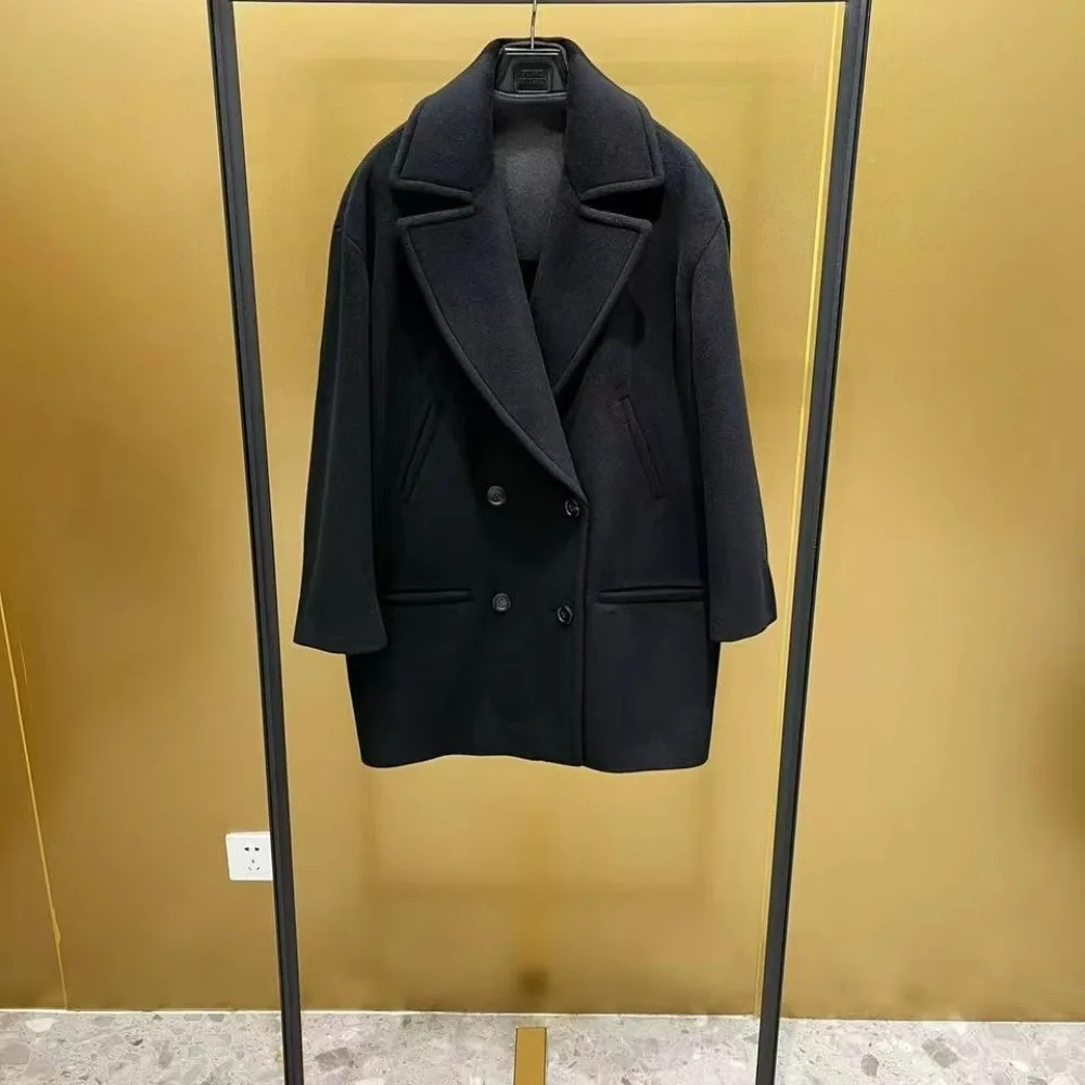 

Autumn and Winter New Silhouette Double-breasted Woolen Blazer Tailored Black Cashmere Coat