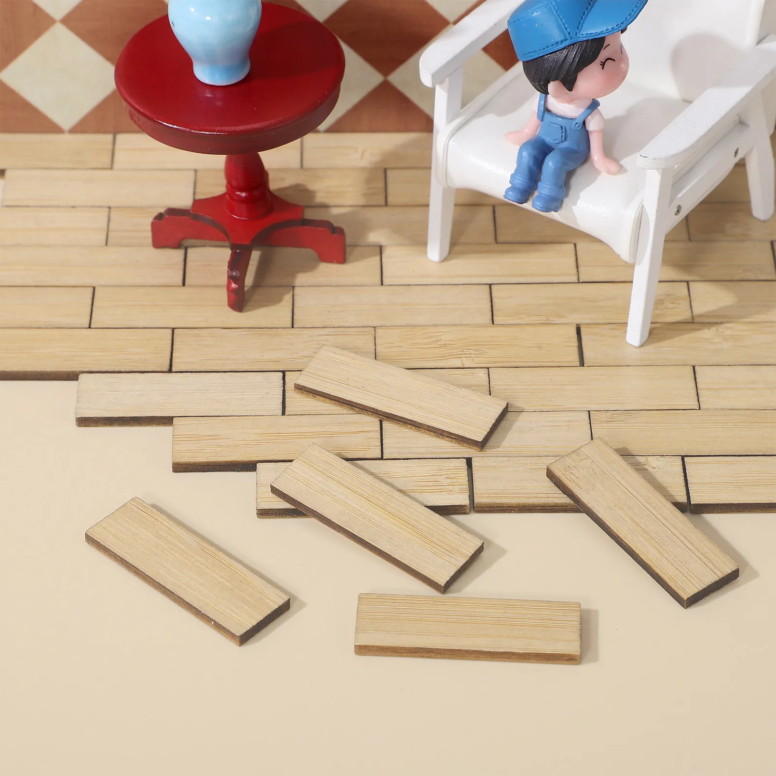 48Pcs Miniature Dollhouse Flooring Bamboo Wood Floorboards Realistic Wood Grain Texture DIY Assembly for Tiny House Interior view 3
