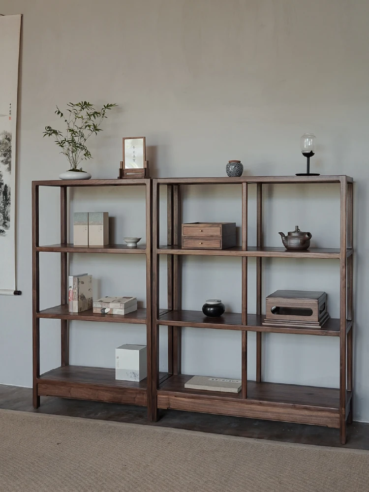 

Three layer storage rack made of black walnut solid wood, tea room tatami, Zen style new Chinese style storage rack