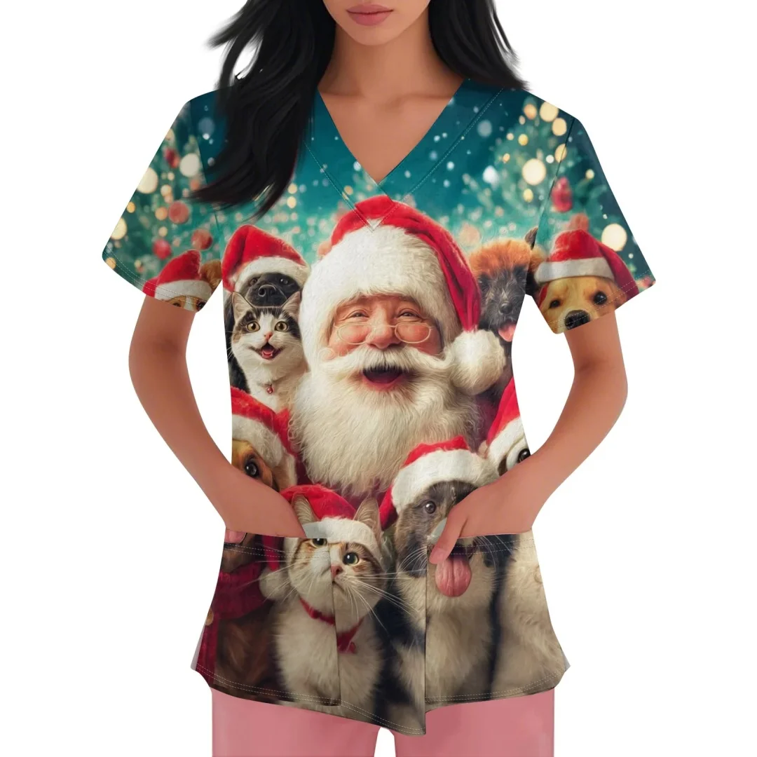 ชุดยูนิฟอร์มพยาบาลลายการ์ตูนซานตาคลอส แขนสั้น คอวี สำหรับผู้หญิง ทำงานในโรงพยาบาล หรือสถานพยาบาล