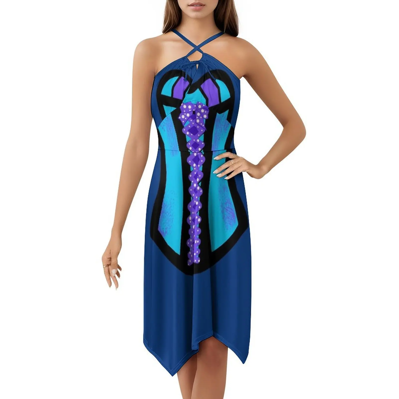 الأزرق مشد تصميم البوهيمي بلا أكمام فستان متعدد طباعة شاطئ عطلة فستان الحفلات مشد بقوة أكتوبر مرج مضحك المرأة