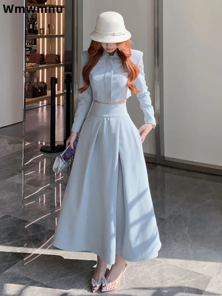 

Элегантный модный облегающий комплект из двух предметов, женская прямая короткая куртка, топ Conjuntos, мешковатая юбка с высокой талией, ансамбли, наряды