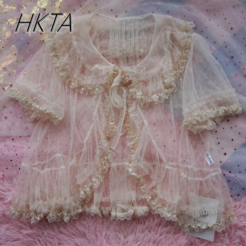 Lolita – chemise en dentelle à manches courtes, maille légère, fine, pour étudiantes, bord feuille de Lotus, ample, douce et mignonne, protection solaire pour femmes