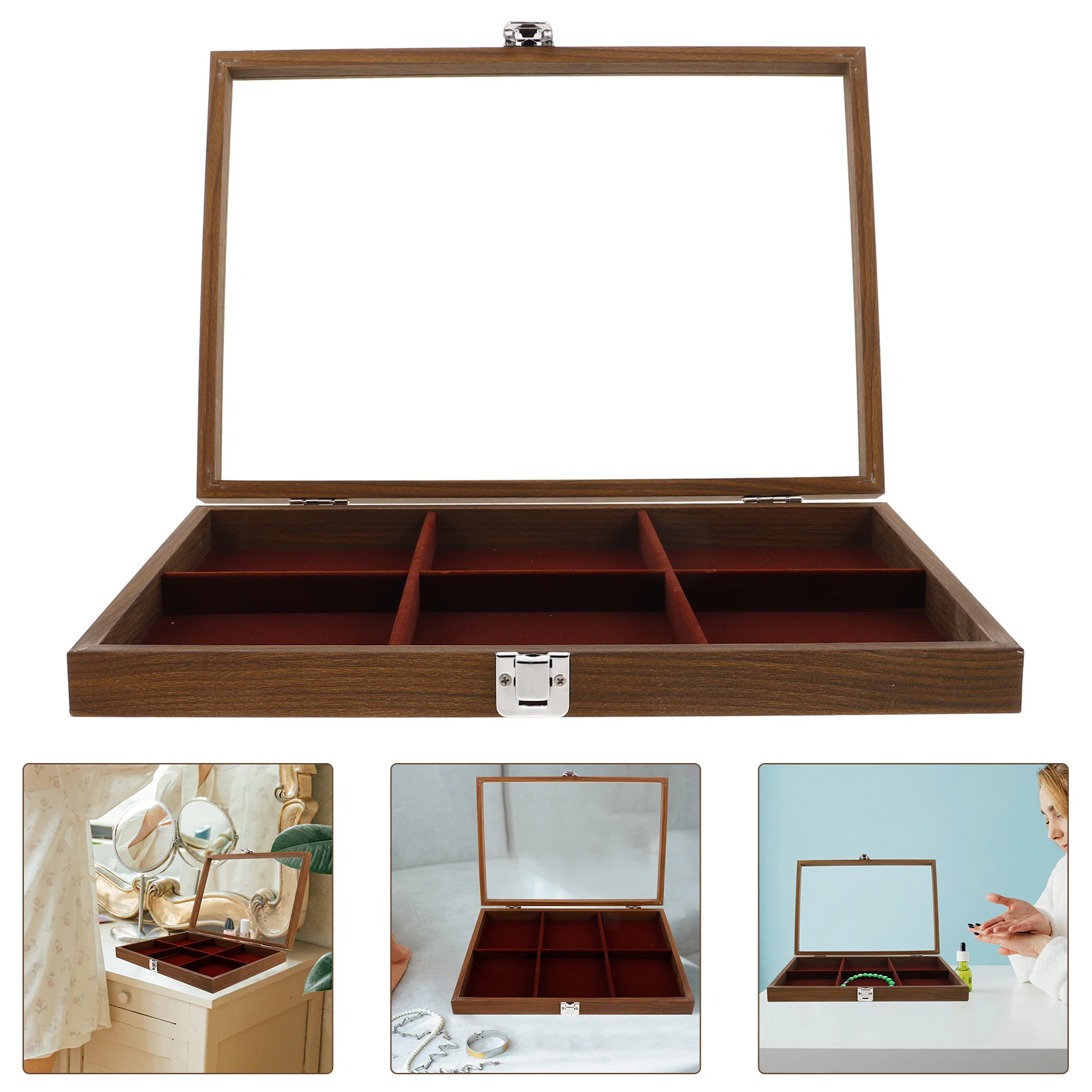 

Wooden Storage Box Jewelry Holder Display Case Bracelet and Necklace Tray with 6 Grids Earring