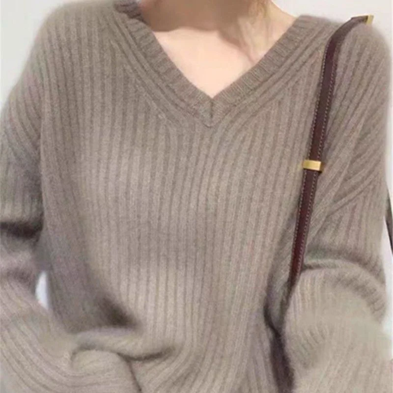Lazy Style Loose Pullover Sweater Women's 2023 Autumn/Winter Korean Version New Long Sleeve V-Neck Knitted Solid Color Underlay