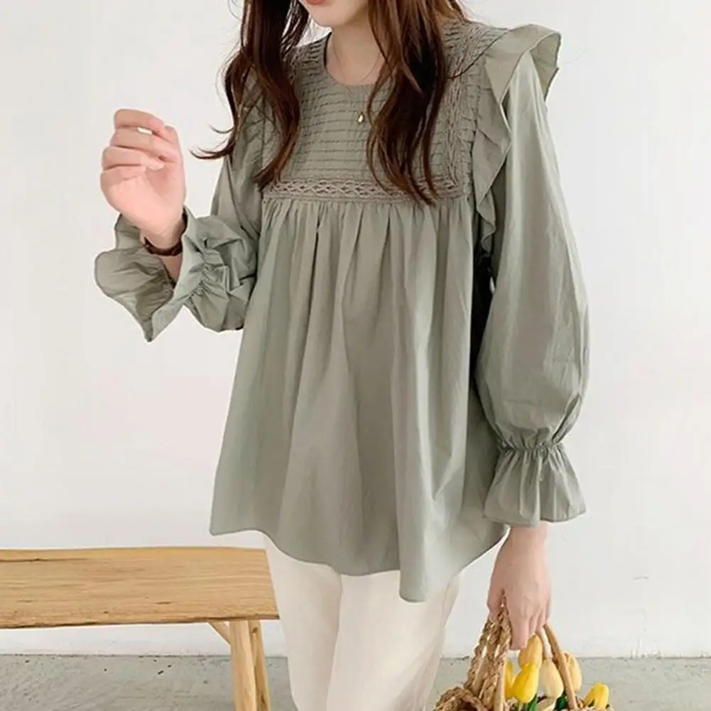 

Stretchy Shirt Elegant Ruffle Trim Blouse Lantern Sleeve Pullover Top Loose Fit Solid Color Shirt For Women Stylish Wear Option