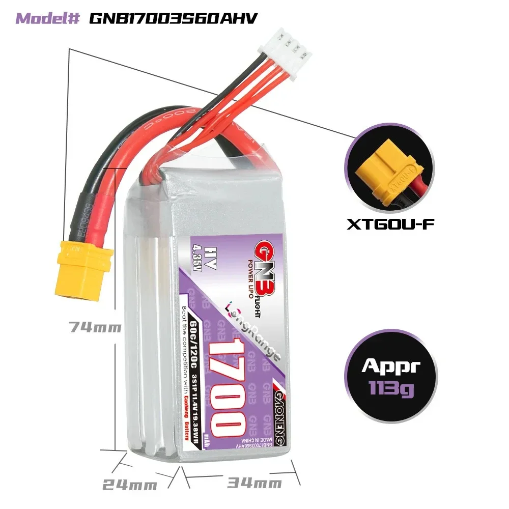 GNB-Batterie Lipo 11.4V, 1100mAh, 1550mAh, 1700mAh, 60C HV, pour importateur FPV, quatre axes UAV RC, quadricoptère 3S, avec compte 30/compte 60