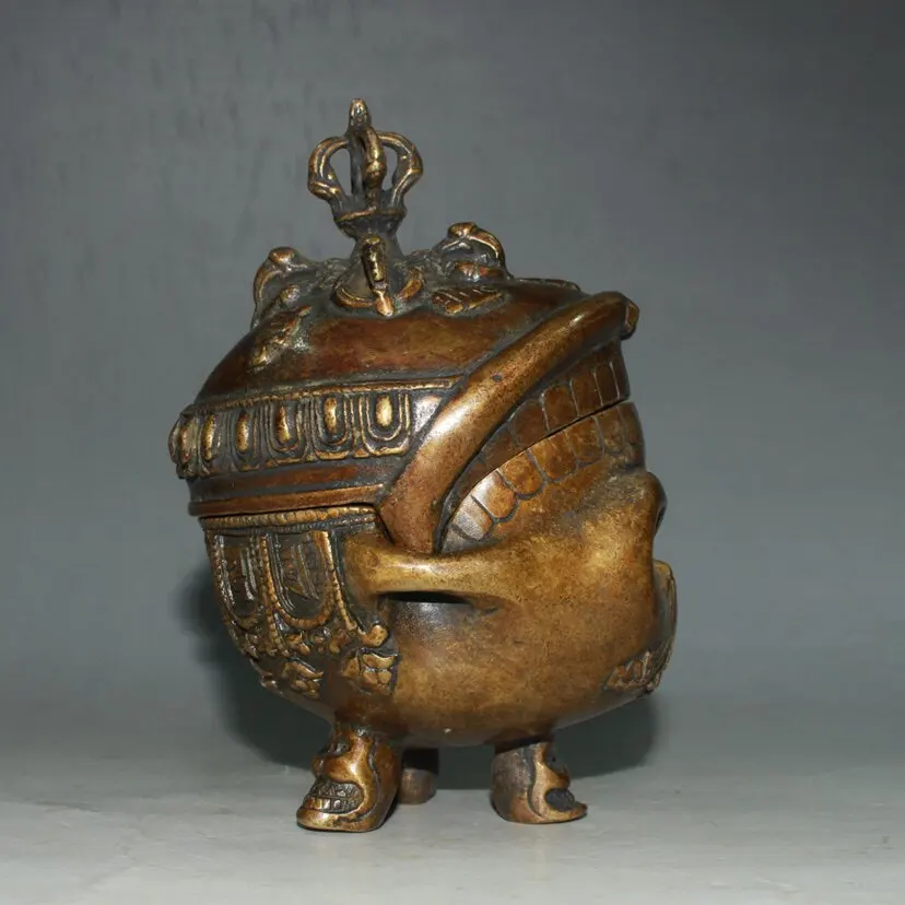 Traditional China collection antique bronze skull three legged cross Vajra pestle incense burner ornament exquisite handicraft