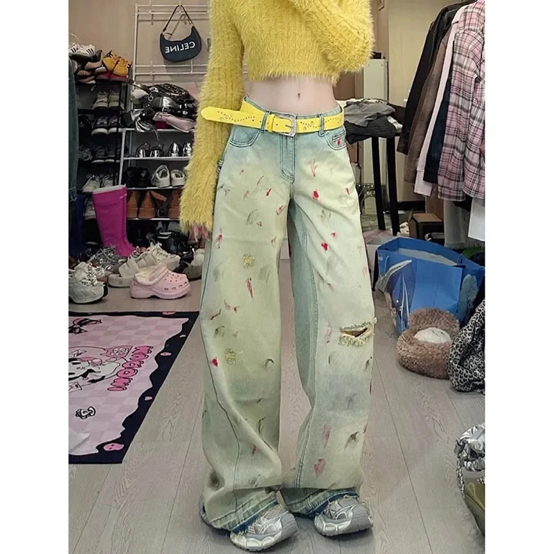 

Women's Yellow Gothic Jeans Harajuku Y2k 90s Aesthetic Baggy Denim Trousers Korean Punk Jean Pants Vintage 2000s Trashy Clothes