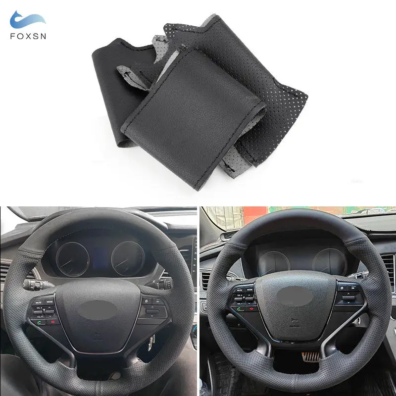 For Hyundai Sonata 9 2015 2016 2017 (4-Spoke) Hand Stitched Car Interior Steering Wheel Cover Perforated Leather Trim Black