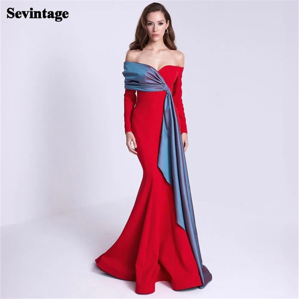 Sevintage Fashion Stitching Color Satin Prom Dress Mermaid Boat Neck Long Sleeves Floor Length Evening Dress vestido de gala