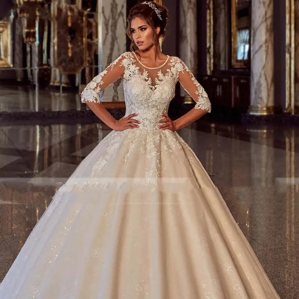 فساتين زفاف Flavinke مخصصة أنيقة عاجية نصف كم فساتين زفاف رقبة سكوب دانتيل زينة فساتين العروس Vestidos De Novia