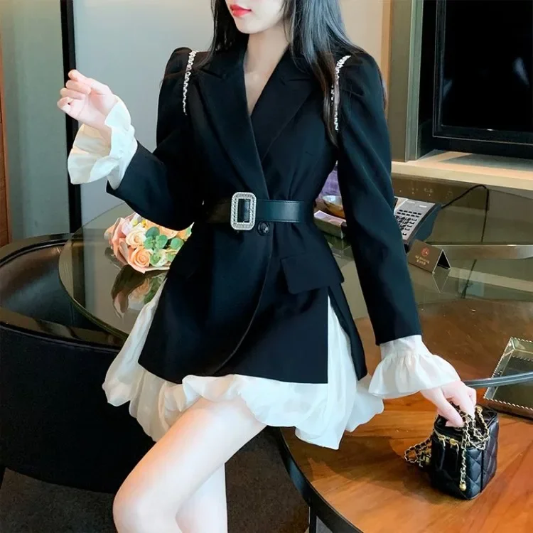 Elegant Vintage Diamond Slim Fit Long Sleeve Black Coat Women+ High Waist Patchwork Skirts Early Autum New Two Piece Sets