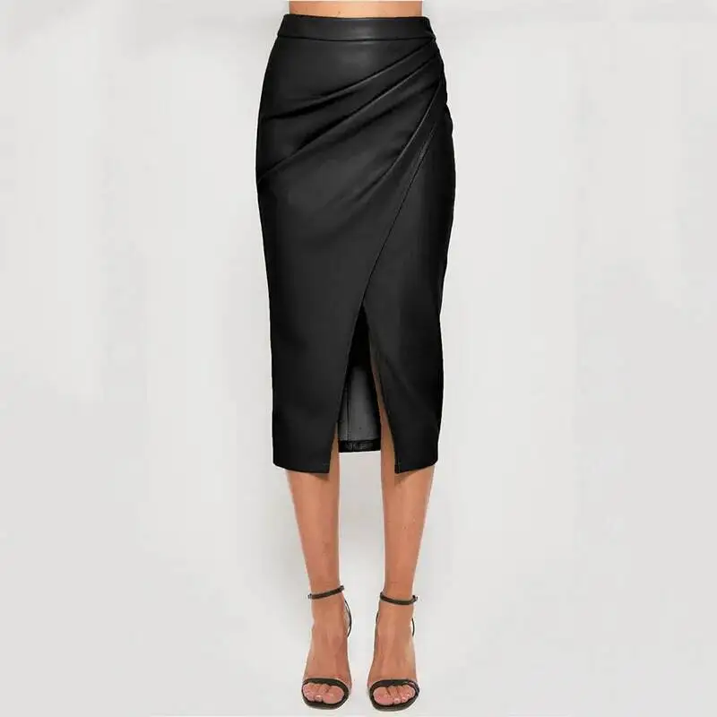 

Женская юбка-карандаш из искусственной кожи миди, сексуальная облегающая посылка, юбка-карандаш с разрезом спереди, женская мода, длинные юбки с высокой талией на молнии