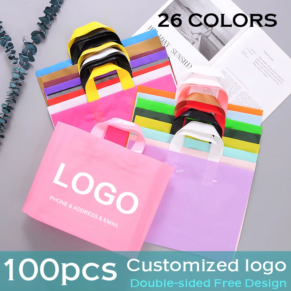 100pcs אישית לוגו צבעוני שקיות קניות שקיות פלסטיק מסיבת מתנה דו צדדית דו צדדית הדפסה אחת צבע לוגו עיצוב חינם חנות דפוס מותג