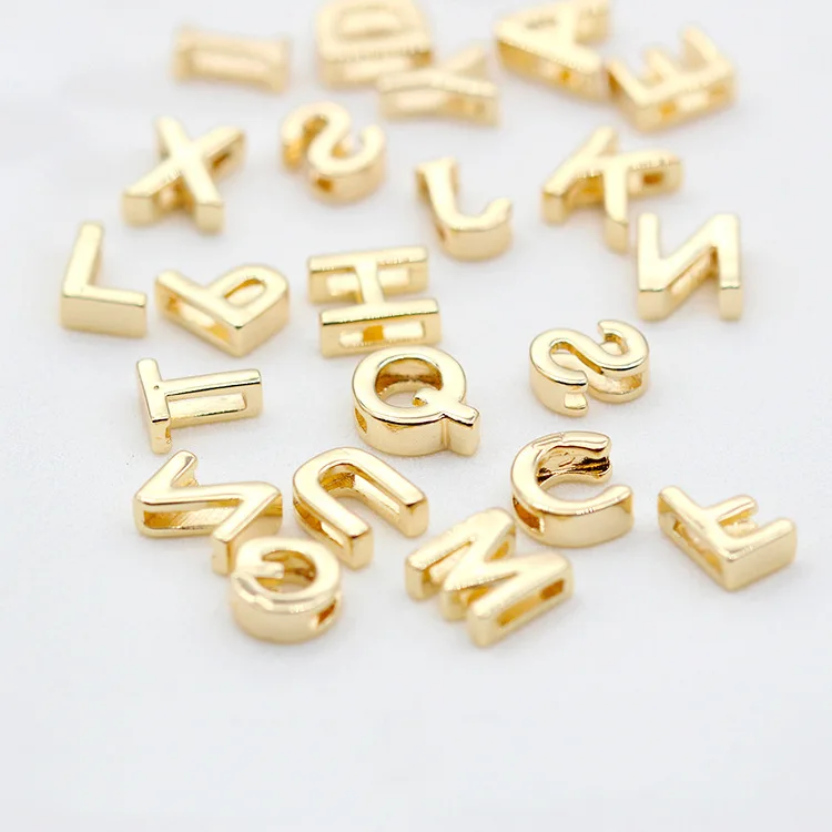 Holes 1.4MM 14K Gold Color Plated Brass A To Z Alphabet 26 Letters Charms Pendants  For DIY Jewelry Making