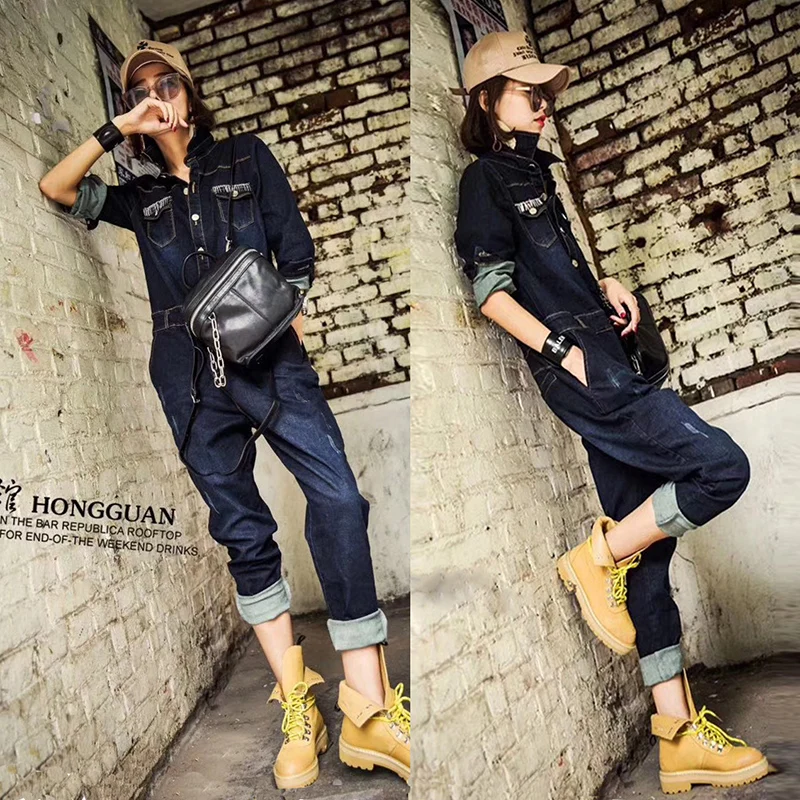 

Женский комплект-комбинезон свободного кроя с длинными рукавами, осенне-зимний, новый стиль, модная рабочая одежда, джинсовый комбинезон с эффектом похудения, европейский стиль