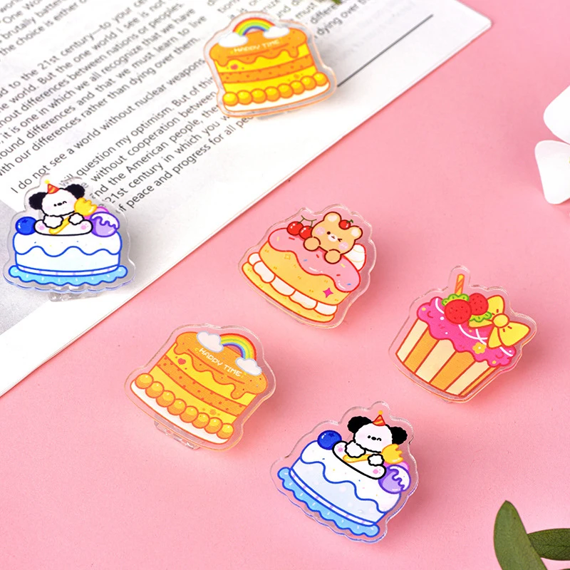 4 Stuks Acryl Kawaii Cartoon Dier Cake Geprint Clips Schattige Plakboek Clip Diy Kantoor Binding Benodigdheden