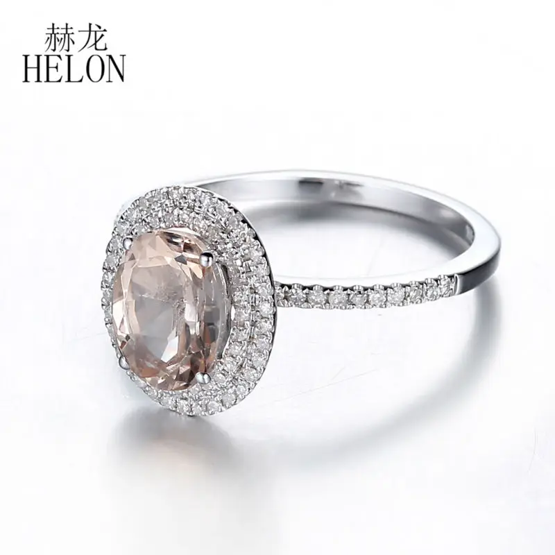 HELON Oval 7x5mm Genuine Morganite Ring Real 18k 14k 10K White Gold Natural Diamond Halo Engagement Ring Women Jewelry Best Gift