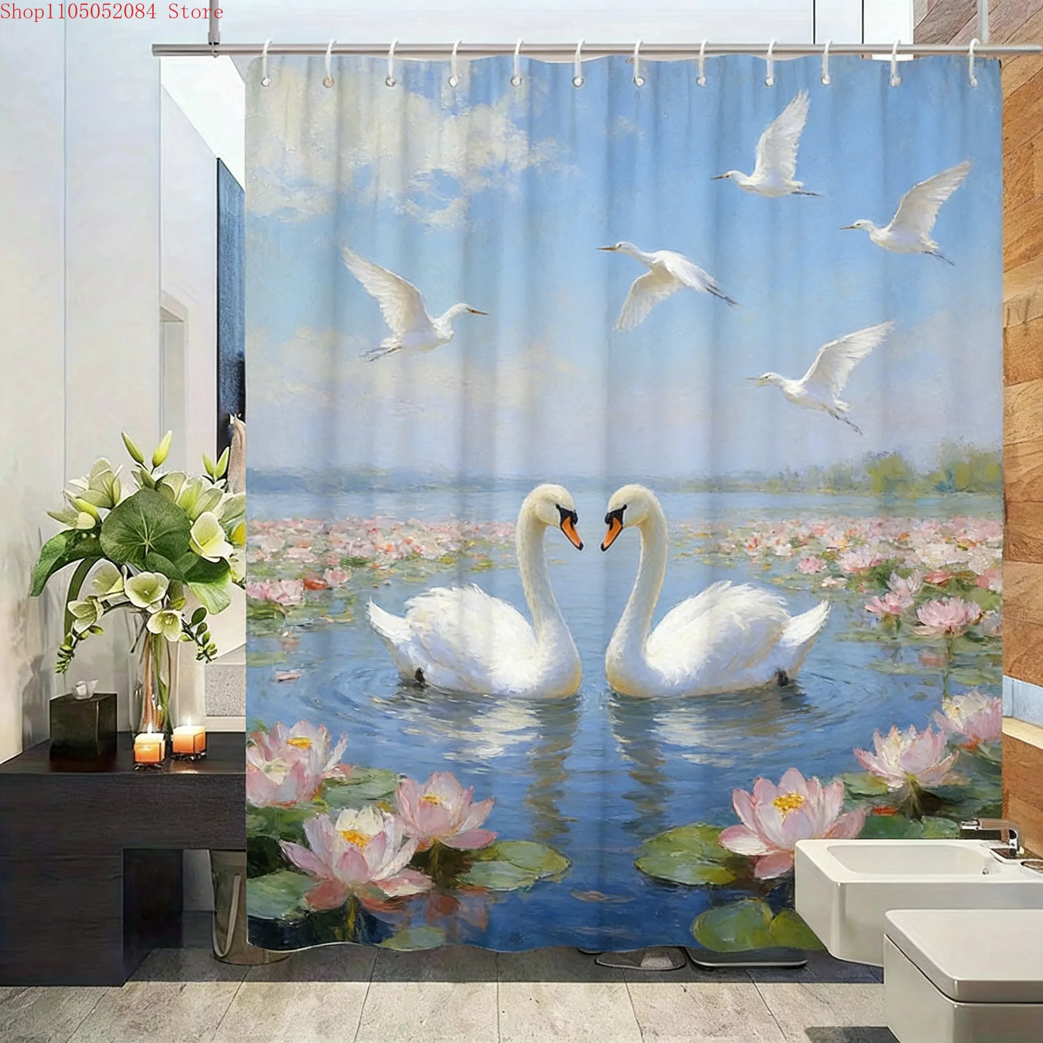 Oil Painting Mandarin Ducks & Ducklings in Lotus Pond Waterproof Shower Curtain for Bathroom Decor