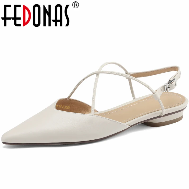 FEDONAS Basic Pointed Toe Women Sandals Cross-Tied Low Heels Pumps Genuine Leather Mature Office Party Shoes Woman Spring Summer