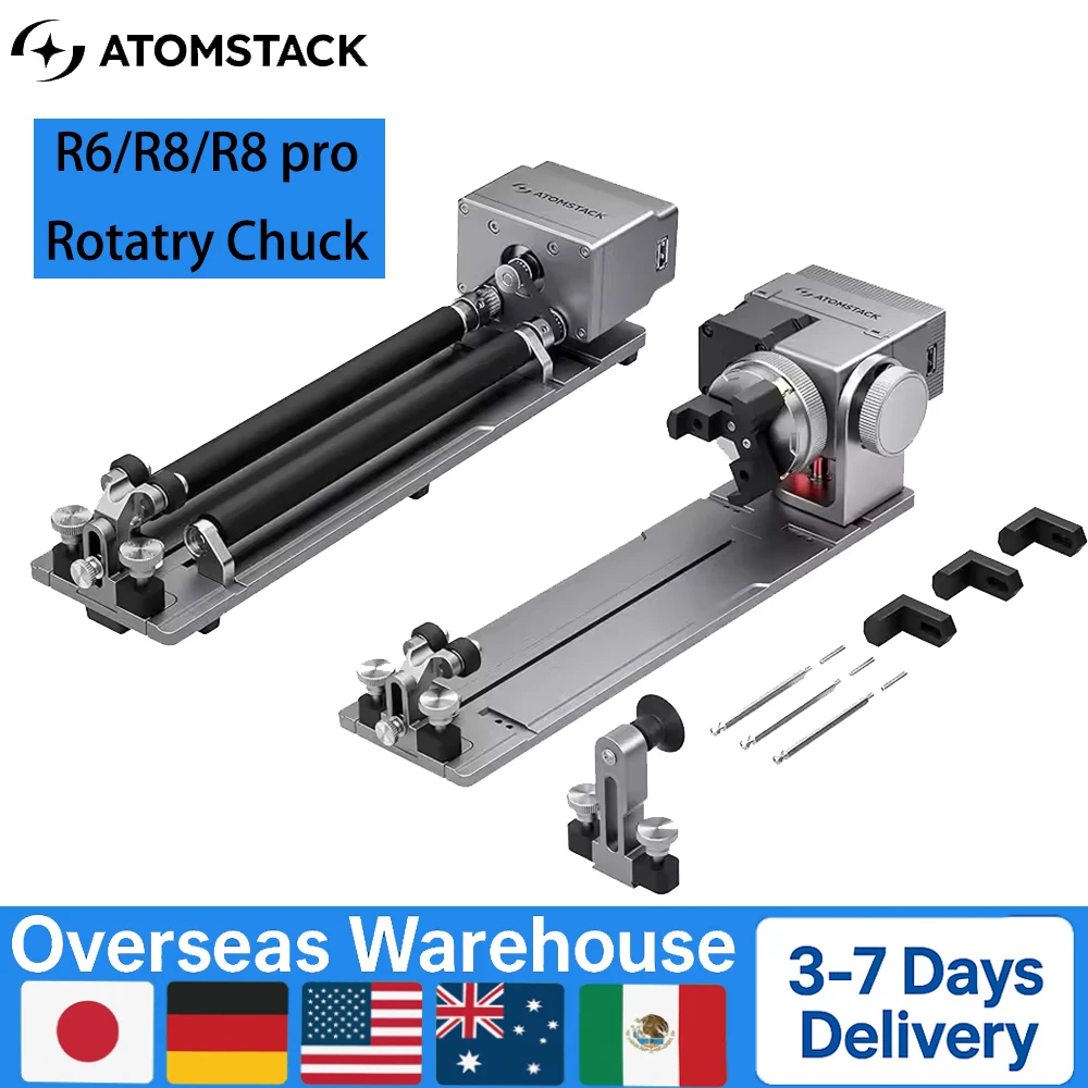 New Atomstack R8 Rotatry Chuck R6 Rotary Roller for Laser Engraver Adjustable Rotary Axis 180° Rotating 1-80mm Diameter R8 for Sphere Cylindrical Objects R6 for Cylindrical Surface