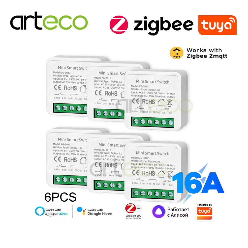 

6 шт. Tuya Zigbee Mini Smart Switch 16A 2-стороннее управление DIY Модуль выключателя Реле работает с приложением Smart Life Alexa Voice Zigbee2MQTT