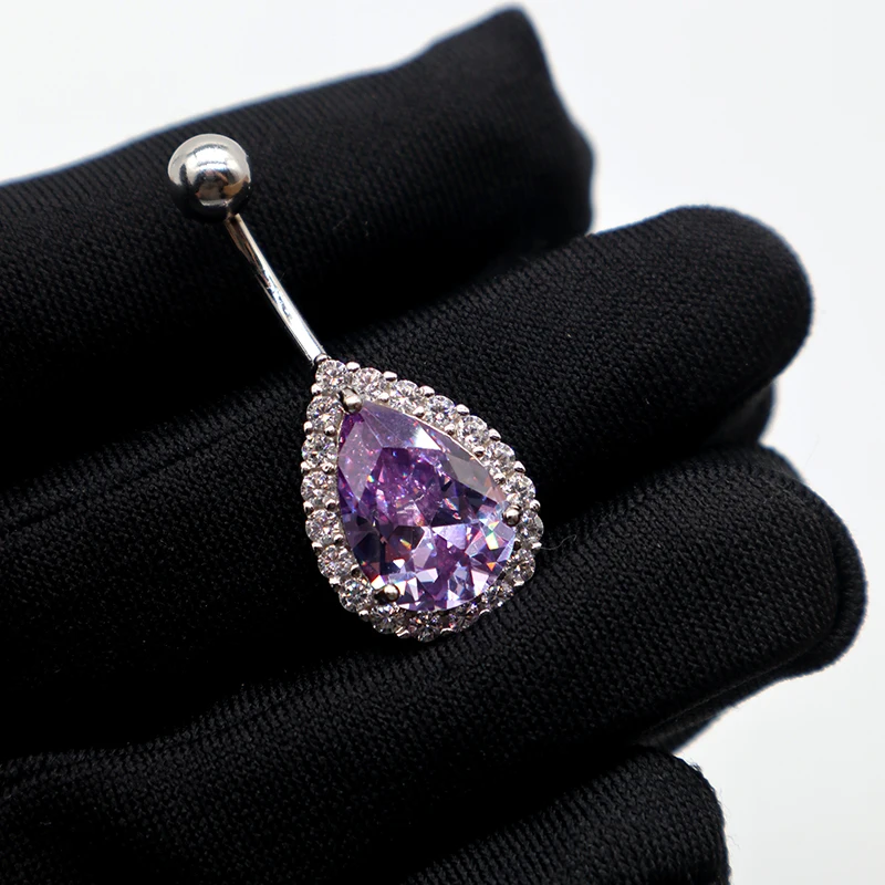 

MIQIAO 925 Sterling Silver Water Drop Belly Button Piercing Purple Diamond Zircon Piercing Belly Button Long 14MM Women's Gift